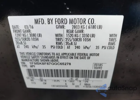 2016 Ford Explorer Limited z USA, uszkodzony, nr VIN 1FM5K8F87GGC65278
